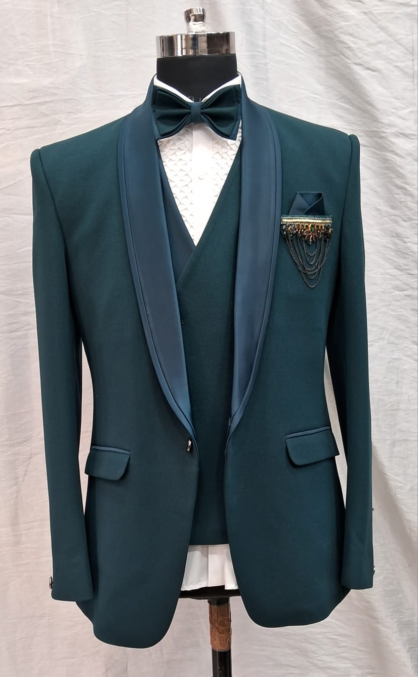 Dark Timber Green Stone Embroidered Italian Tuxedo Suit